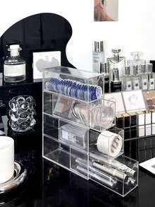 1pc Women's Transparent Stackable Acrylic Makeup Organizer Box With Dust-Proof Multi-Compartment Drawers, Display Storage Box For Makeup Brushes, Lipsticks And Glasses, Minimalist Modern Desktop Organizer For Vanity, Bedroom, Bathroom And Dormitory Dressing Table - Clear - View 8