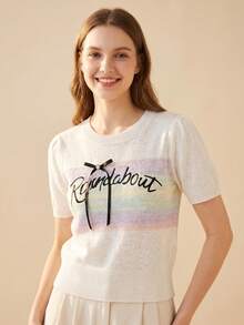 Women's Short Sleeve Bow Decor Round Pattern Knit Top, Soft Comfortable Elastic Polyester Fiber Cropped Pullover - Apricot - View 1