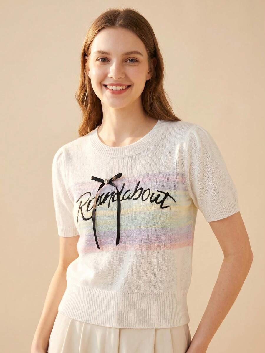 Women's Short Sleeve Bow Decor Round Pattern Knit Top, Soft Comfortable Elastic Polyester Fiber Cropped Pullover - Apricot - View 1