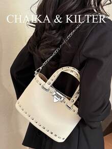 Fashion Black Metal Stud Decor PU Leather Tote Bag - Chain Shoulder Strap Dual-Use Casual Daily Women's Shoulder Handbag - White - View 6