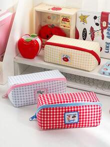 1Pc Ratro Lattic Pencil Case Pen Bag, Happy Cute Dancing Kitties Color Plaid Multi Pocket Square Storage Pouch For Stationery, Students Back To School - Multicolor - View 11
