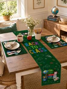 1 pieza - Juego de camino de mesa y manteles individuales de vuelta a la escuela, decoración de mesa de lino verde con mochila, libros, globo terráqueo, despertador y estilo de pizarra para fiesta de aula y comedor del hogar - Multicolor - Ver 9