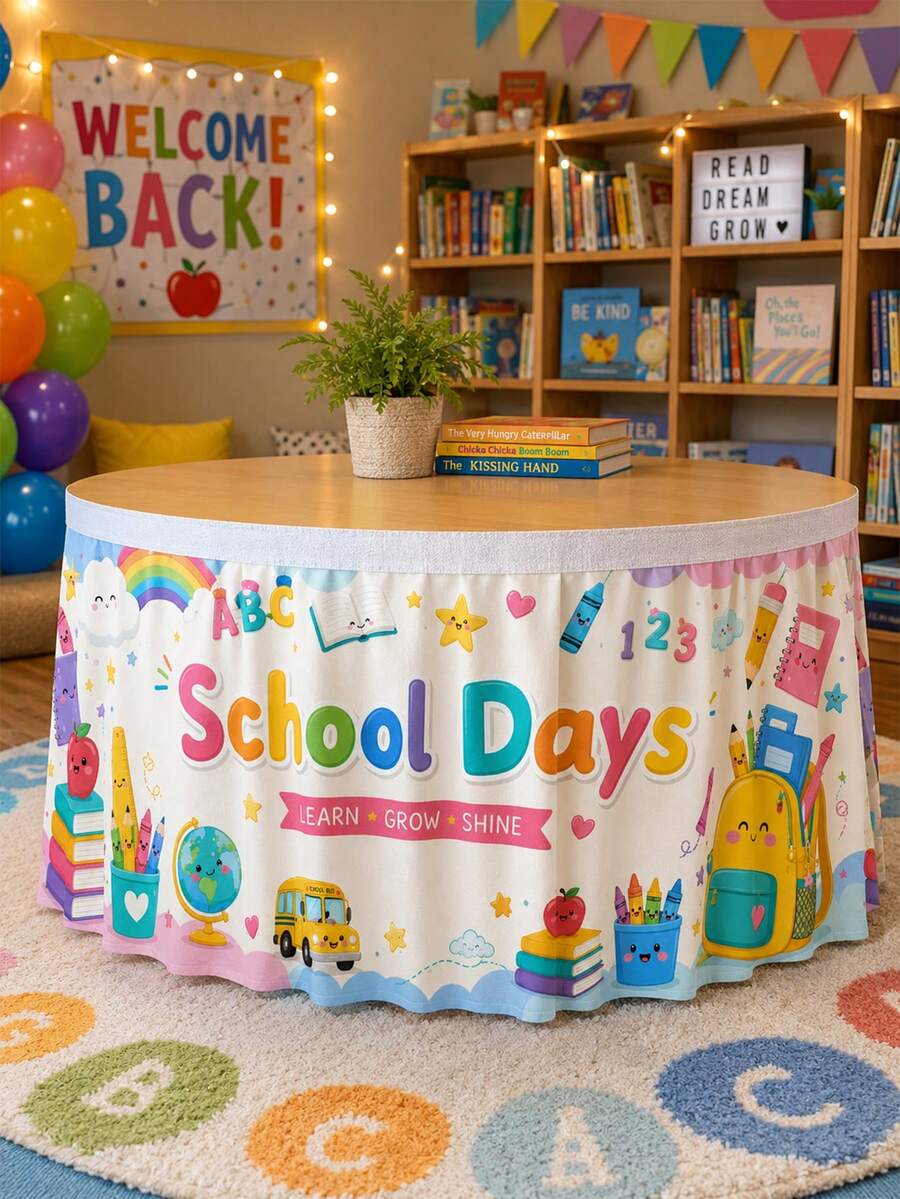 1 Cute Polyester Desk Skirt With School Day Pattern, Cartoon ABC/Star/Book Pattern Tablecloth, Wrinkle Resistant, Washable, Back To School Party, Classroom Decoration, Kindergarten Activities, School Open Day, Opening Celebration, Home Decoration - Multicolor - View 1