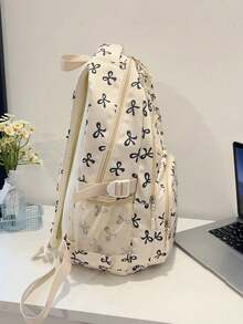 Set de 3 piezas de mochila con estampado de lazo de nylon, plegable, con múltiples bolsillos, gran capacidad, resistente al agua y con cremallera, adecuada para adolescentes - Negro - Ver 7