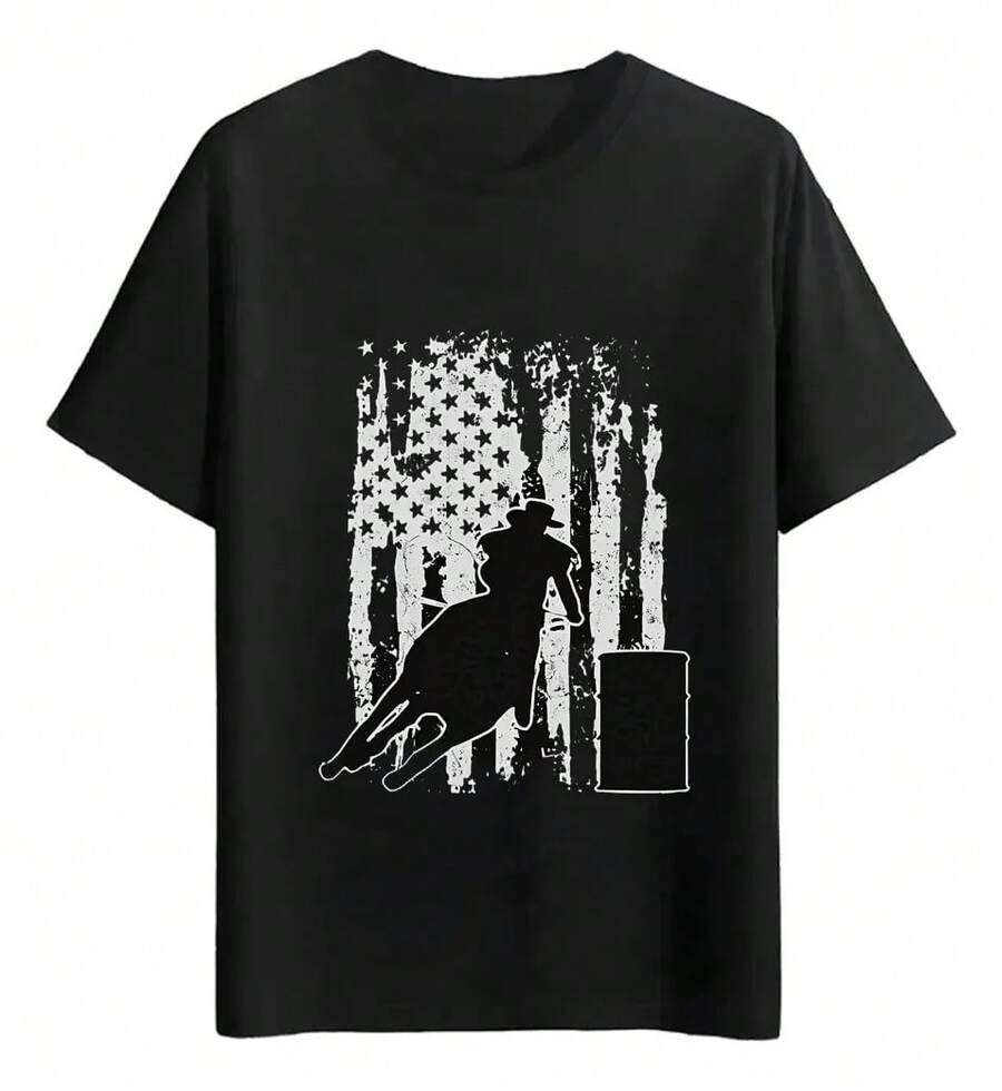 Playeras Silueta Vaquero Bandera Estadounidense - Negro - Ver 1
