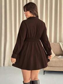 Vionelle Vestido de cuello de camisa tejido de manga larga con cintura recogida de unicolor, talla grande, otoño/invierno - Burdeos - Ver 3