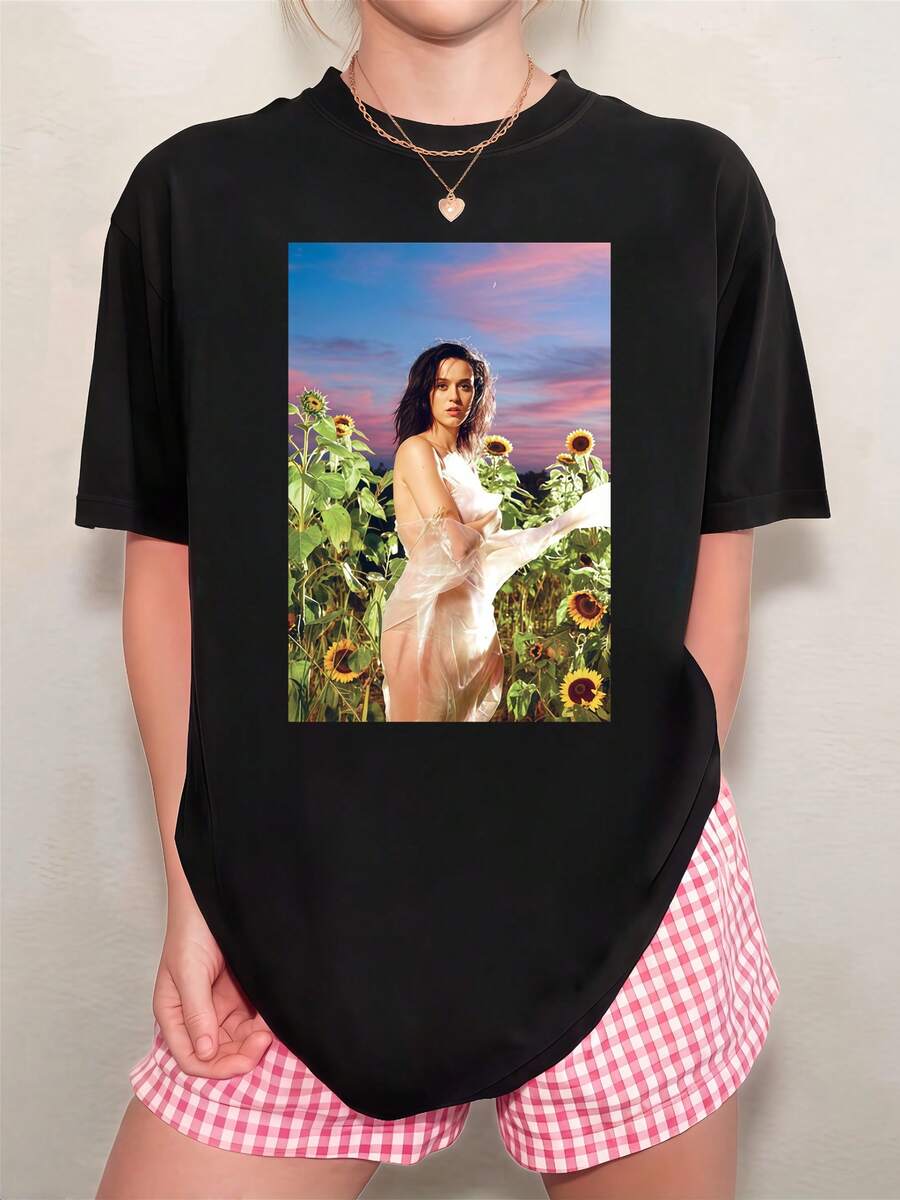 Oversized Black K-Katy P-Perry T-Shirt Portrait Field Of Sunflowers At Dusk Pink Blue - 黑色 - 查看 1
