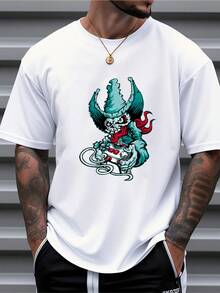 Men's Pure Cotton Oversized Short Sleeve T-Shirt Graphic Print Streetwear Casual   Monster Design Tee - White - View 1