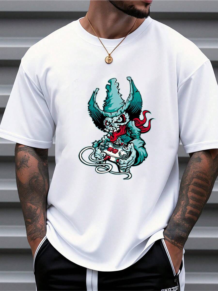 Men's Pure Cotton Oversized Short Sleeve T-Shirt Graphic Print Streetwear Casual   Monster Design Tee - White - View 1