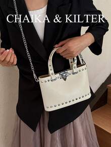 Fashion Black Metal Stud Decor PU Leather Tote Bag - Chain Shoulder Strap Dual-Use Casual Daily Women's Shoulder Handbag - White - View 8