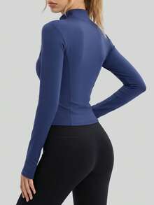 NcmRyu Women's 1pc Metal Zipper Small Stand Collar Thumb Hole Long Sleeve Slim Fit Sports Jacket - Navy Blue - View 3