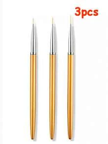 3pcs Metallic Handle Nail Art Brushes, Painting Brushes, Liner Brushes, Ultra-Fine Line Brushes Nail Art Tools, Different Sizes (7mm/9mm/11mm) Professional And DIY Nail Tip Trimming Tools, Nail Brush Set, Nail Brushes - Gold - View 6