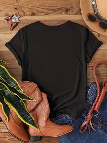 Playera con cuello redondo y estampado de corazones, top casual con mangas cortas para primavera y verano, ropa de mujer - Negro - Ver 3