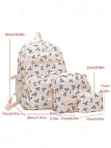 Set de 3 piezas de mochila con estampado de lazo de nylon, plegable, con múltiples bolsillos, gran capacidad, resistente al agua y con cremallera, adecuada para adolescentes - Negro - Ver 9
