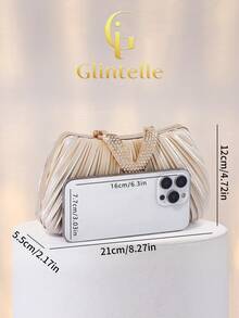 Glamor Vibe Women's Fashion Satin Pleated Box Clutch, Diamond Hardware Flap Design Handbag, Luxurious Exquisite Box Pleated Handbag, Suitable For Weddings, Celebrations, Formal Occasions, Party Clutch/Shoulder Bag, High Quality Apricot Pleated Evening Chain Shoulder/Crossbody Bag - Apricot - View 4