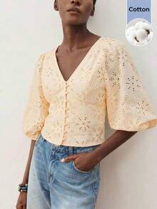 Maija Blusa casual de playa de vacaciones con cuello en V y botones delanteros para mujer, blusa de estilo hawaiano con mangas de farol, ajuste ceñid - Albaricoque - Ver 1