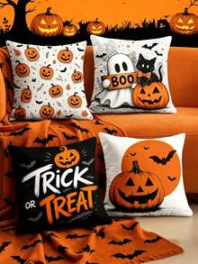 1/4pcs New Halloween Pattern Pillowcase, Halloween-Themed Cushion Cover, Decorative Pillowcase, Square Pillowcase, Halloween Decoration, Decorative Pillow, Suitable For Living Room, Sofa, And Bedroom Party Decoration, Pillow Insert Not Included - Multicolor - View 1