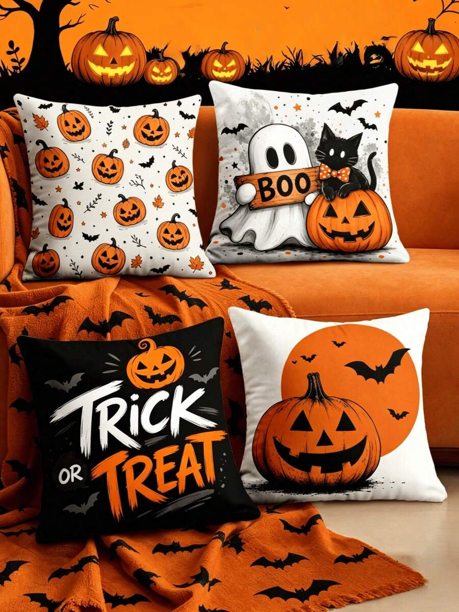1/4pcs New Halloween Pattern Pillowcase, Halloween-Themed Cushion Cover, Decorative Pillowcase, Square Pillowcase, Halloween Decoration, Decorative Pillow, Suitable For Living Room, Sofa, And Bedroom Party Decoration, Pillow Insert Not Included - Multicolor - View 1