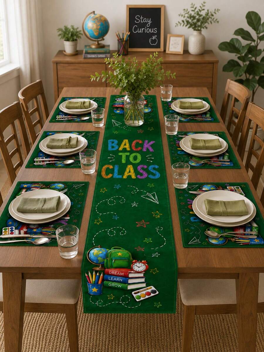 1 pieza - Juego de camino de mesa y manteles individuales de vuelta a la escuela, decoración de mesa de lino verde con mochila, libros, globo terráqueo, despertador y estilo de pizarra para fiesta de aula y comedor del hogar - Multicolor - Ver 1