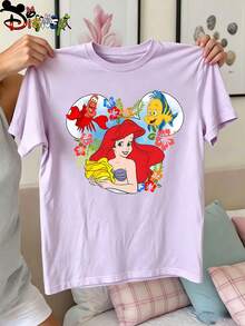 Disney Mermaid Princess Ariel Double-Sided Print Kids' T-Shirt, Cute Cartoon Casual Tee, Perfect For Daily Wear,  Family Outings And Beach Trips - 淡紫色 - 查看 3