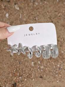 3/9 Pairs Large C-Shape/Starfish/Shell Shaped Silver-Plated Women's Earrings Set, Suitable For Beach Vacation And Daily Wear - Silver Gray - View 5