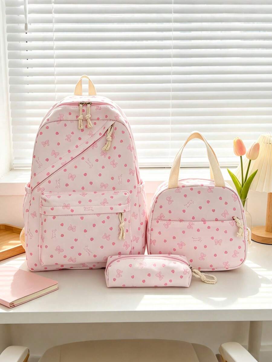 3件套時尚學院風愛心/蝴蝶結印花背包套裝，包含背包、便當袋與鉛筆袋，附筆電隔層、可調式肩帶、多口袋大容量，多功能學生書包套裝，適合女生/青少年/大學生/畢業生日常使用/度假/旅行/開學