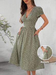 XUZHIZ Reflora Vestido midi con estampado floral diminuto, de manga corta, cuello en V y cintura ceñida, con bolsillos, para uso casual diario, talla - Multicolor - Ver 3