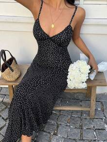 Vestido camisero de verano con tirantes finos, ajustado, con estampado de lunares y ribete de encaje - Blanco y Negro - Ver 4