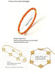 VceTd 3PCS Women's Minimalist Style Multi-Color Enamel Bamboo Knot & Flower Design Stainless Steel Fashion Bracelet Set, Suitable For Daily Commute, Outings, Vacations Or Anniversary Gift For Female Friends - Yellow Gold - View 14