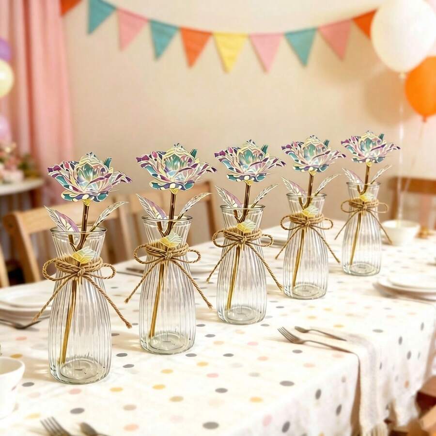 1set (11pcs) Colorful PVC Artificial Rose Vertical Striped Vase Set, Includes Decorative Hemp Rope, DIY Desktop Floral Arrangement, Romantic Flower Decoration, Home Decor And Party Supplies, Home Decor, Wedding Gift, Birthday Gift, Anniversary Gift - Transparent + Color - View 1