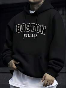 Men's Hoodie With BOSTON Letter Print, Casual Men's Sweatshirt. - 黑色 - 查看 1