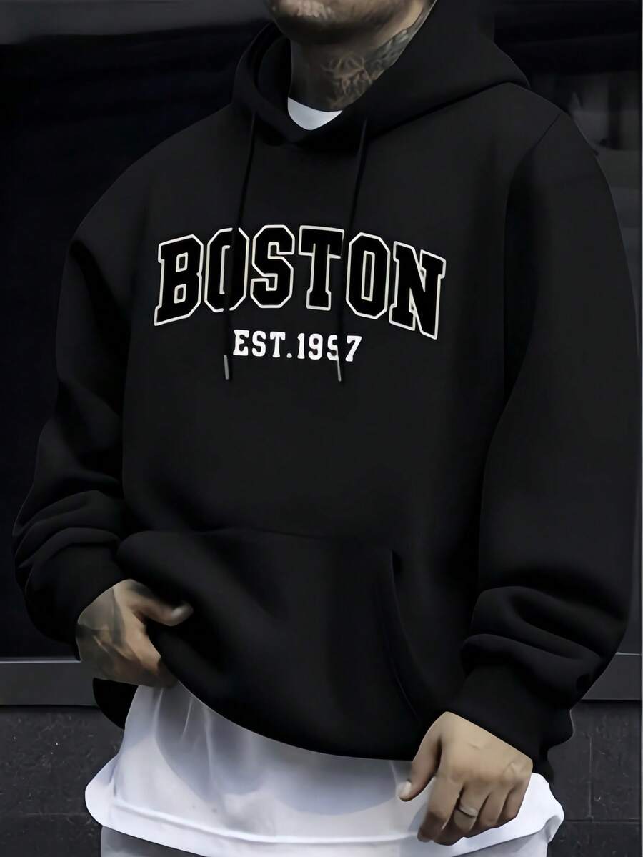 Men's Hoodie With BOSTON Letter Print, Casual Men's Sweatshirt. - 黑色 - 查看 1
