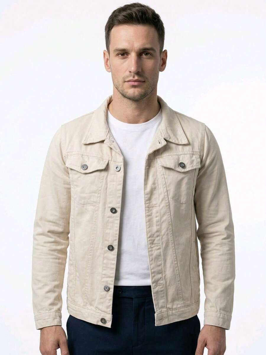 Men's Denim Jacket With Pockets And Buttons - Beis - Ver 1