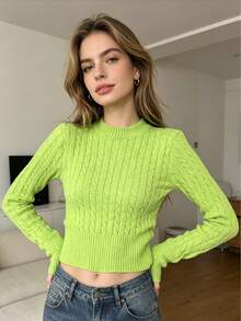 Women's Green Cropped Blouse With Ribbed Texture, Long Sleeves, And A Round Neck. - Green - View 1