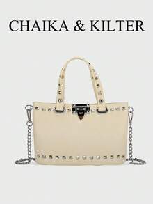 Fashion Black Metal Stud Decor PU Leather Tote Bag - Chain Shoulder Strap Dual-Use Casual Daily Women's Shoulder Handbag - White - View 1