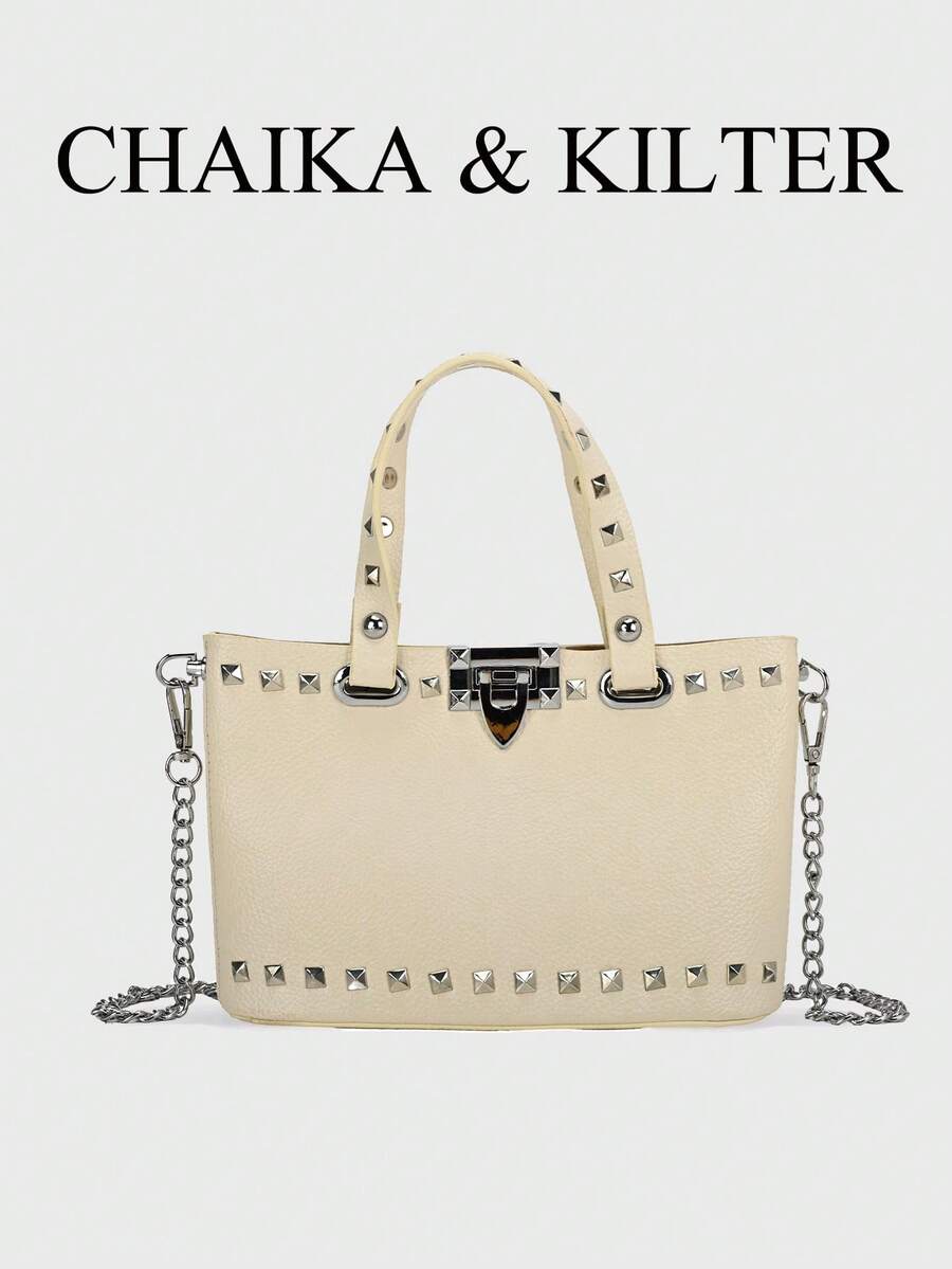 Fashion Black Metal Stud Decor PU Leather Tote Bag - Chain Shoulder Strap Dual-Use Casual Daily Women's Shoulder Handbag - White - View 1