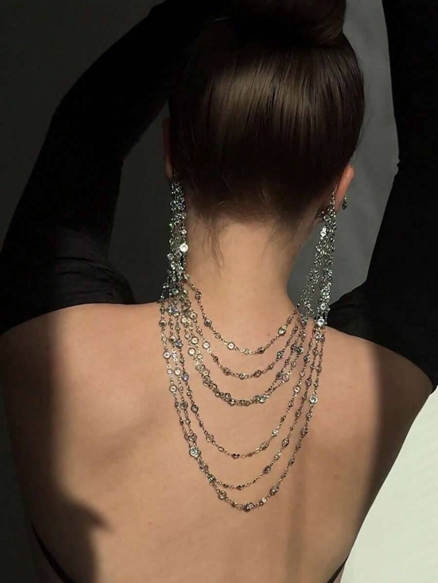 1 pieza Gancho de oreja de moda exagerado largo multicapa con borla de strass personalizado, creativo y versátil - Plateado - Ver 1
