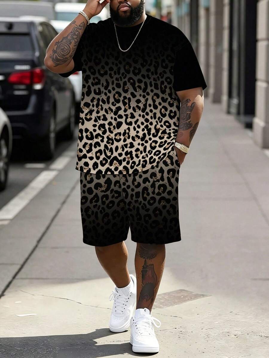 Plus Size Men's 2-Piece Streetwear Set, Vintage Pattern T-Shirt, Men's Street Casual Minimalist Series "Gradient Leopard Print" Pattern Sports Outfit - Polyester Knit Fabric, Crew Neck Design, Drawstring Shorts, Pocket Detail, Regular Fit, Suitable For Plus Size - Black - View 1