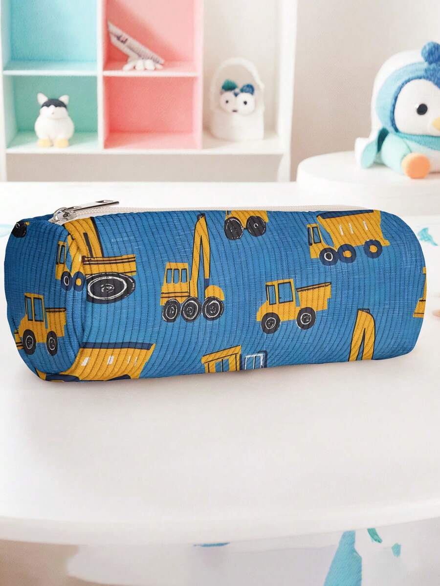 1pc Work Car Print Corduroy Cylindrical Zipper Pencil Case, Large Capacity Multi-Function Storage Bag, Suitable For Stationery, Cosmetics And Travel Essentials - Multicolor - View 1