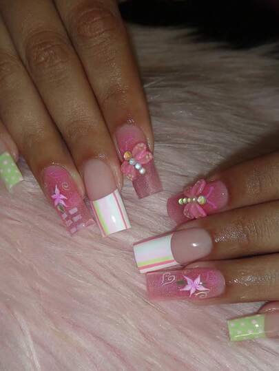 Change Your Nails With 24pcs/Set French Medium Long Coffin Shape Pink White Striped Floral 3D Butterfly Sweet Cute Unique Design Pink Polka Dot Press-On False Nail Tips, Includes 1pc Jelly Glue And 1pc Nail File, Perfect For Women And Girls Party, Date And Daily Wear Nail Art
