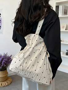 Dedoo 女款抽繩水桶托特包，白色波點印花，尼龍布料，長肩帶，可手提與肩背，輕便休閒日常款 - 白色 - 查看 3