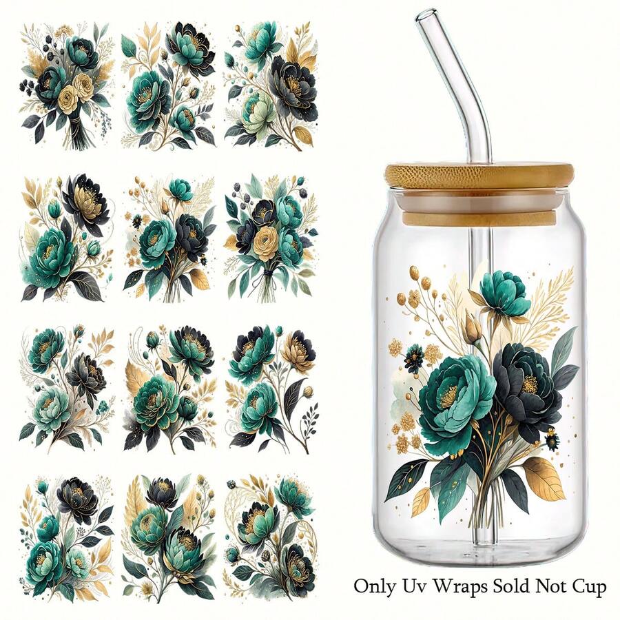 4pcs/Set Elegant Dark Green Gold Floral UV DTF Transfer Stickers, Brown/Green - DIY Craft Decals With Rose And Mixed Flower Patterns, Self-Adhesive For Glass And Wood, Perfect For Mugs And Home Decor Car Stickers Holiday Decorations - Multicolor - View 1