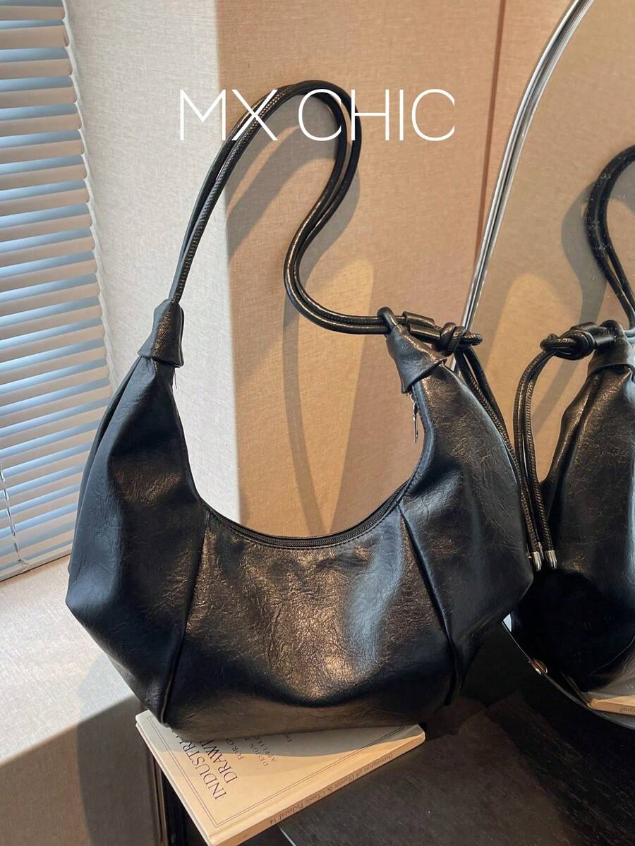 1pc Solid Color PU Shoulder Bag, Fashionable Large Capacity Crescent-Shaped Handbag Suitable For Adult Women, Stylish Outfit And Outdoor Shopping - Black - View 1