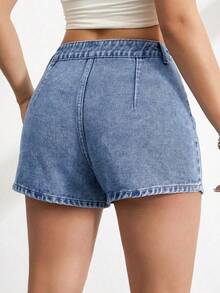 Tall Pantalones cortos de mezclilla con cintura alta y pliegues, conjuntos casuales de verano de línea A para mujer, pantalones cortos de mezcl - Azul lavado medio - Ver 4