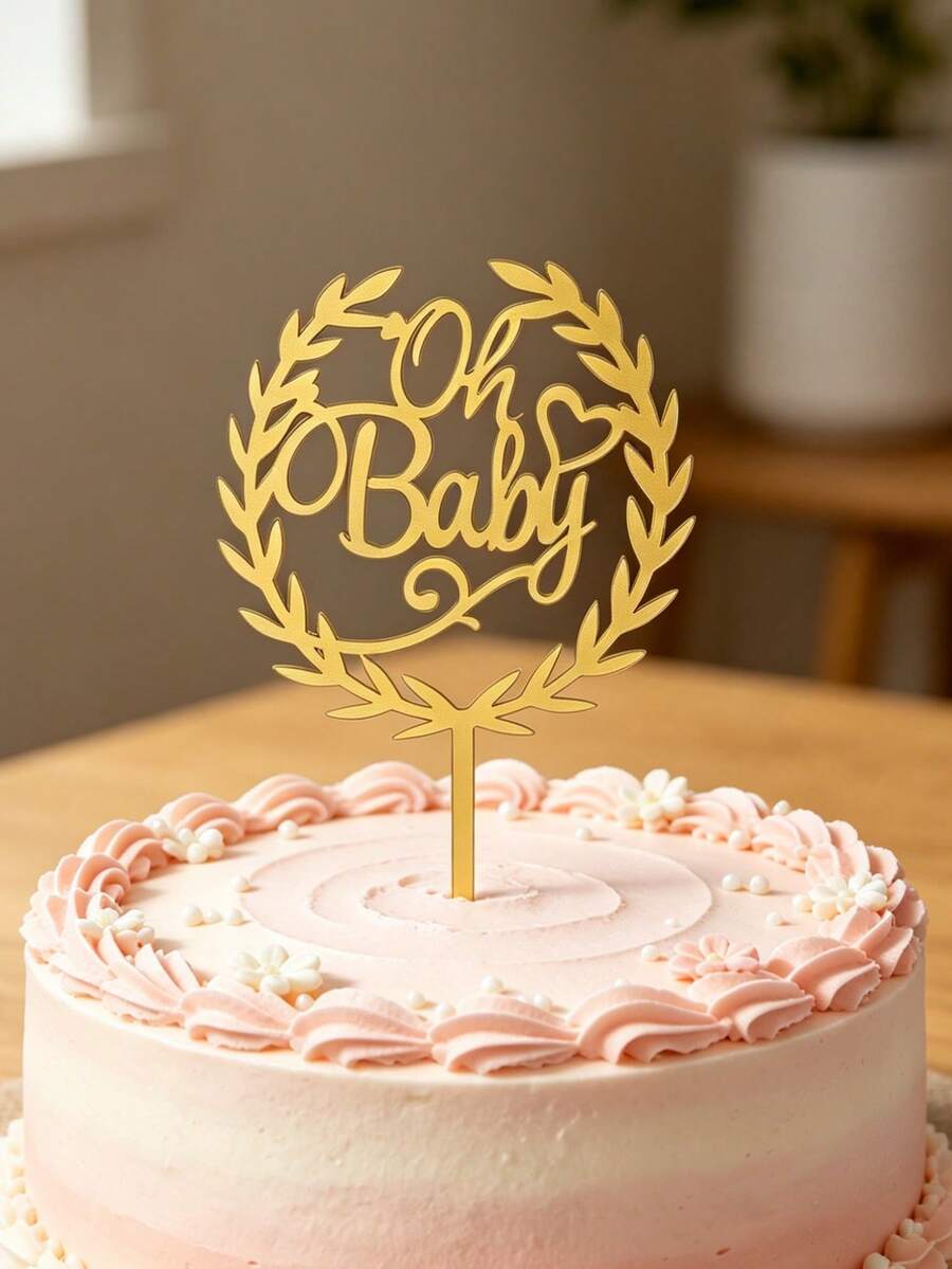 3件組金色鏡面壓克力 Oh Baby 蛋糕裝飾插牌,月桂花環設計,優雅草寫字母附插棒,蛋糕頂部裝飾,適用於嬰兒派對、性別揭曉派對、慶祝蛋糕裝飾 - A - 查看 1