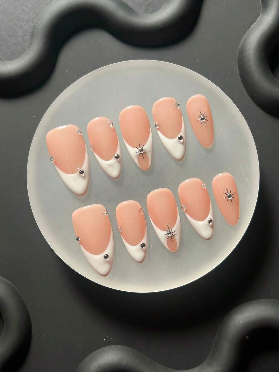 10片手工穿戴式假指甲 Y2K風格 杏仁形/方形 短甲 法式風格 3D水鑽裝飾 夏季美甲 可重複使用 適合日常/節日配戴 - 彩色 - 查看 1