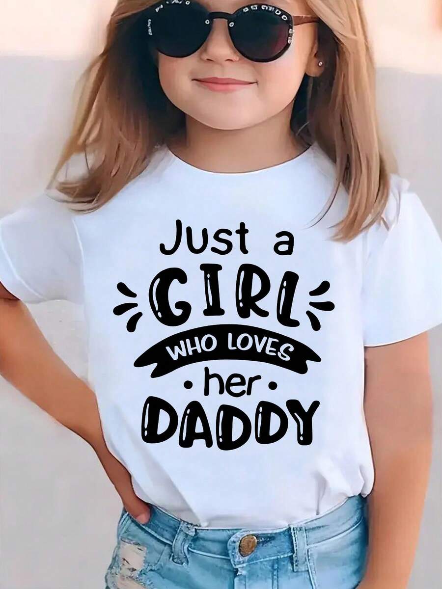 2026 New Modern And Unique 3D Printed T-Shirt, Summer Short Sleeve T-Shirt For Girls With "JUST A GIRL WHO LOVES HER DADDY" Letter Print, Versatile Casual Top DX2688 - 白色 - 查看 1