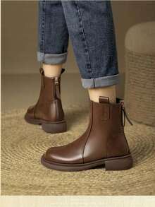 Women's Ankle Boots Autumn/Winter New British Style Low Heel Leather Chelsea Boots Vintage Back Zipper - Brown - View 2