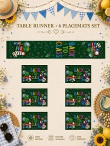 1 pieza - Juego de camino de mesa y manteles individuales de vuelta a la escuela, decoración de mesa de lino verde con mochila, libros, globo terráqueo, despertador y estilo de pizarra para fiesta de aula y comedor del hogar - Multicolor - Ver 10