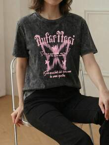 女款圓領寬鬆休閒百搭長版印花水洗黑短袖T恤 夏季 - 深灰 - 查看 6